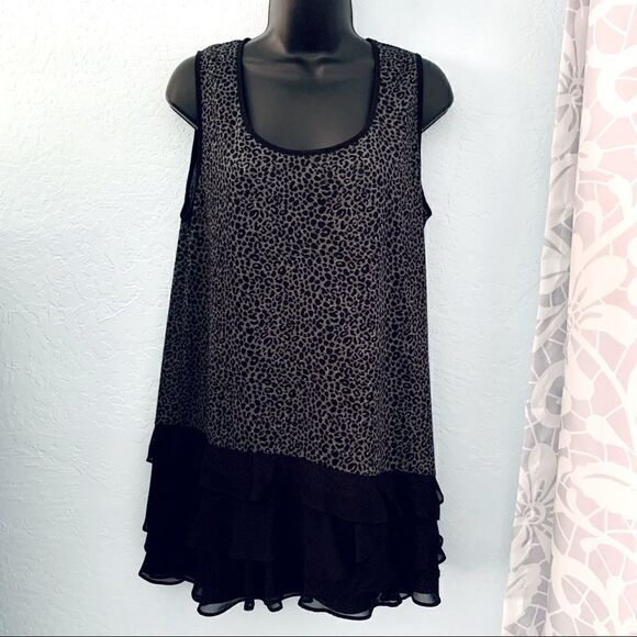 Fluent Life Essentials Black & Gray Cheetah Print Ruffled Hem Tank Top Sz Large - Picture 1 of 9